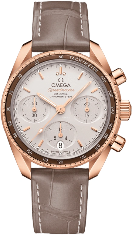 Omega,Speedmaster (Non-Moonwatch) 38mm,38mm,Sedna Gold,Beige,Automatic,Chronograph,Date,Co-Axial Escapement,Column Wheel,52hours,In-house Caliber,324,324.63.38.50.02.003