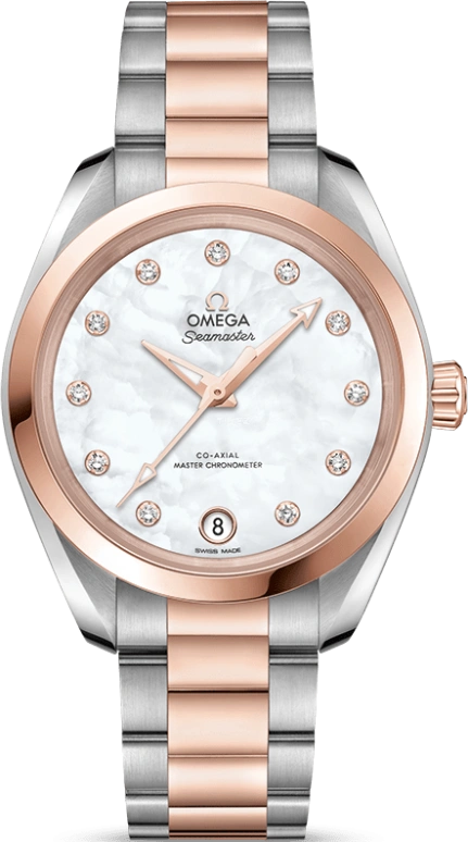 Omega,Aqua Terra 34mm,34mm,Sedna Gold,Stainless Steel,White,Automatic,Date,Co-Axial Escapement,220,220.20.34.20.55.001