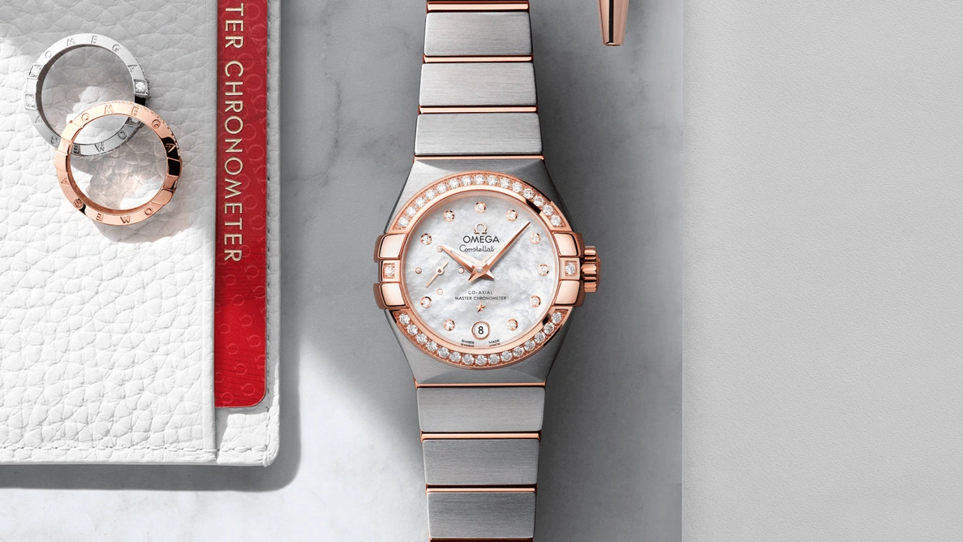 Omega,Constellation 27mm,27mm,Red Gold,Stainless Steel,White,Automatic,Date,Co-Axial Escapement,127,127.25.27.20.55.001
