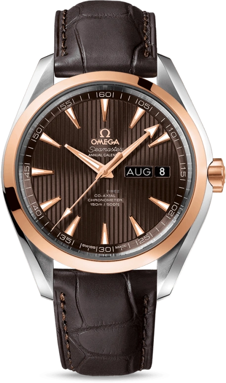 Omega,Aqua Terra 43mm,43mm,Red Gold,Stainless Steel,Grey,Automatic,Annual Calendar,Month,Date,Co-Axial Escapement,60hours,In-house Caliber,231,231.23.43.22.06.002
