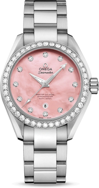 Omega,Aqua Terra 34mm,34mm,Stainless Steel,Pink,Automatic,Date,Zodiac Indications,Co-Axial Escapement,231,231.15.34.20.57.003