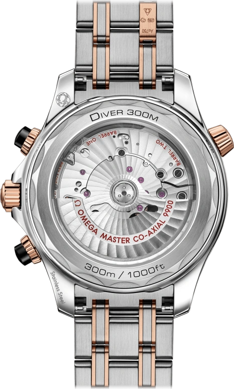 Omega,Seamaster Diver 300M 44mm,44mm,Sedna Gold,Stainless Steel,Black,Automatic,Chronograph,Date,Co-Axial Escapement,Column Wheel,60hours,In-house Caliber,210,210.20.44.51.01.001