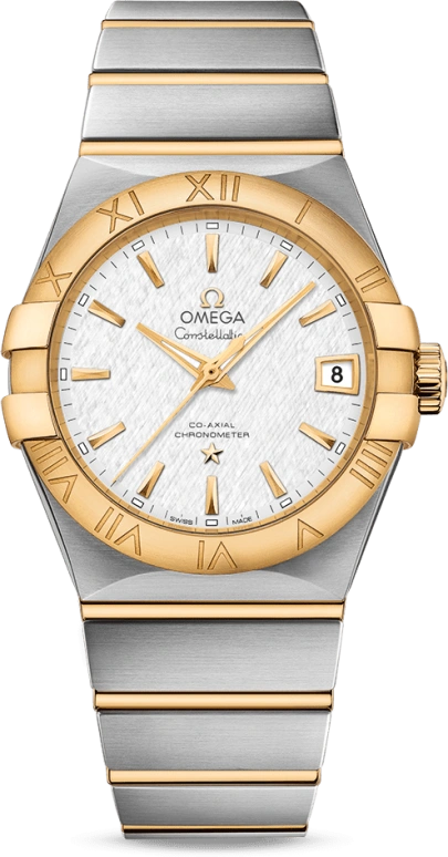 Omega,Constellation 38mm,38mm,Yellow Gold,Stainless Steel,Silver,Automatic,Date,Co-Axial Escapement,123,123.20.38.21.02.006