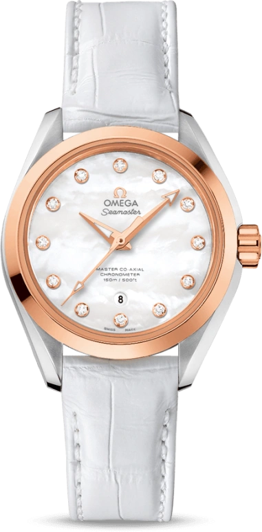 Omega,Aqua Terra 34mm,34mm,Sedna Gold,Stainless Steel,White,Automatic,Date,Zodiac Indications,Co-Axial Escapement,231,231.23.34.20.55.001