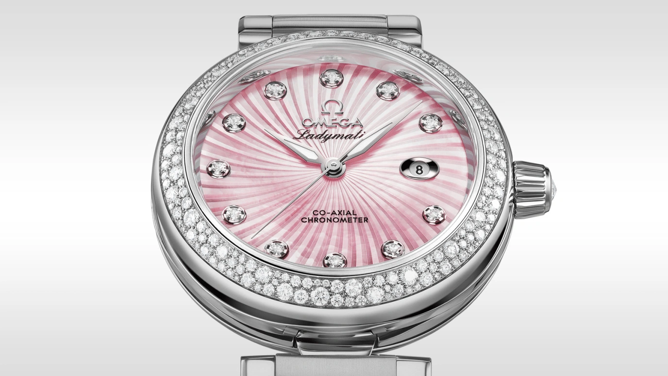 Omega,LadyMatic 34mm,34mm,Stainless Steel,Pink,Automatic,Date,Zodiac Indications,Co-Axial Escapement,425,425.35.34.20.57.001