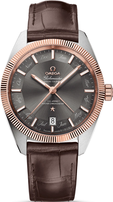 Omega,Globemaster 41mm,41mm,Sedna Gold,Stainless Steel,Grey,Automatic,Annual Calendar,Month,Date,Zodiac Indications,55hours,In-house Caliber,130,130.23.41.22.06.001