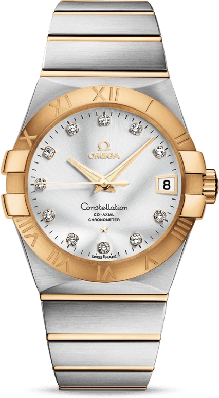 Omega,Constellation 38mm,38mm,Yellow Gold,Stainless Steel,Silver,Automatic,Date,Co-Axial Escapement,123,123.20.38.21.52.002