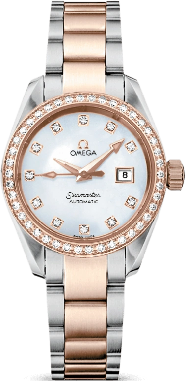 Omega,Aqua Terra 29.20mm,29.20mm,Red Gold,Stainless Steel,White,Automatic,Date,42hours,2365,2365.75.00