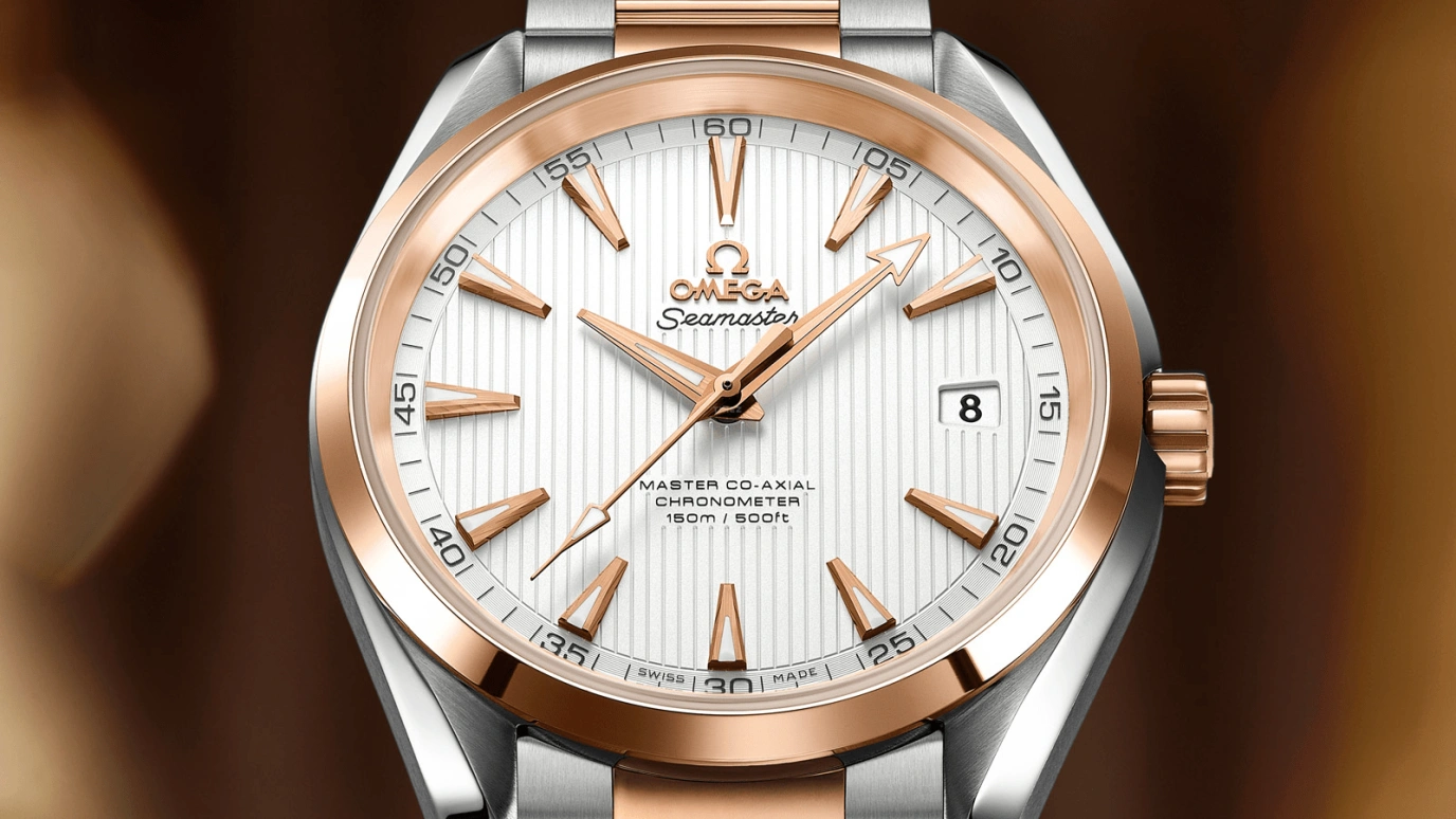 Omega,Aqua Terra 41.50mm,41.50mm,Red Gold,Stainless Steel,Silver,Automatic,Date,Co-Axial Escapement,231,231.20.42.21.02.001