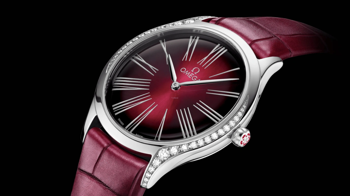 Omega,Trésor 36mm,36mm,Stainless Steel,Red,Quartz,Day,Zodiac Indications,428,428.18.36.60.11.001