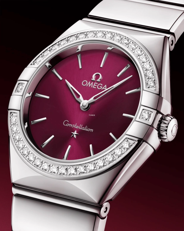 Omega,Constellation 28mm,28mm,Stainless Steel,Wine Red,Quartz,In-house Caliber,Sapphire,Crystal Glass,131,131.15.28.60.11.001