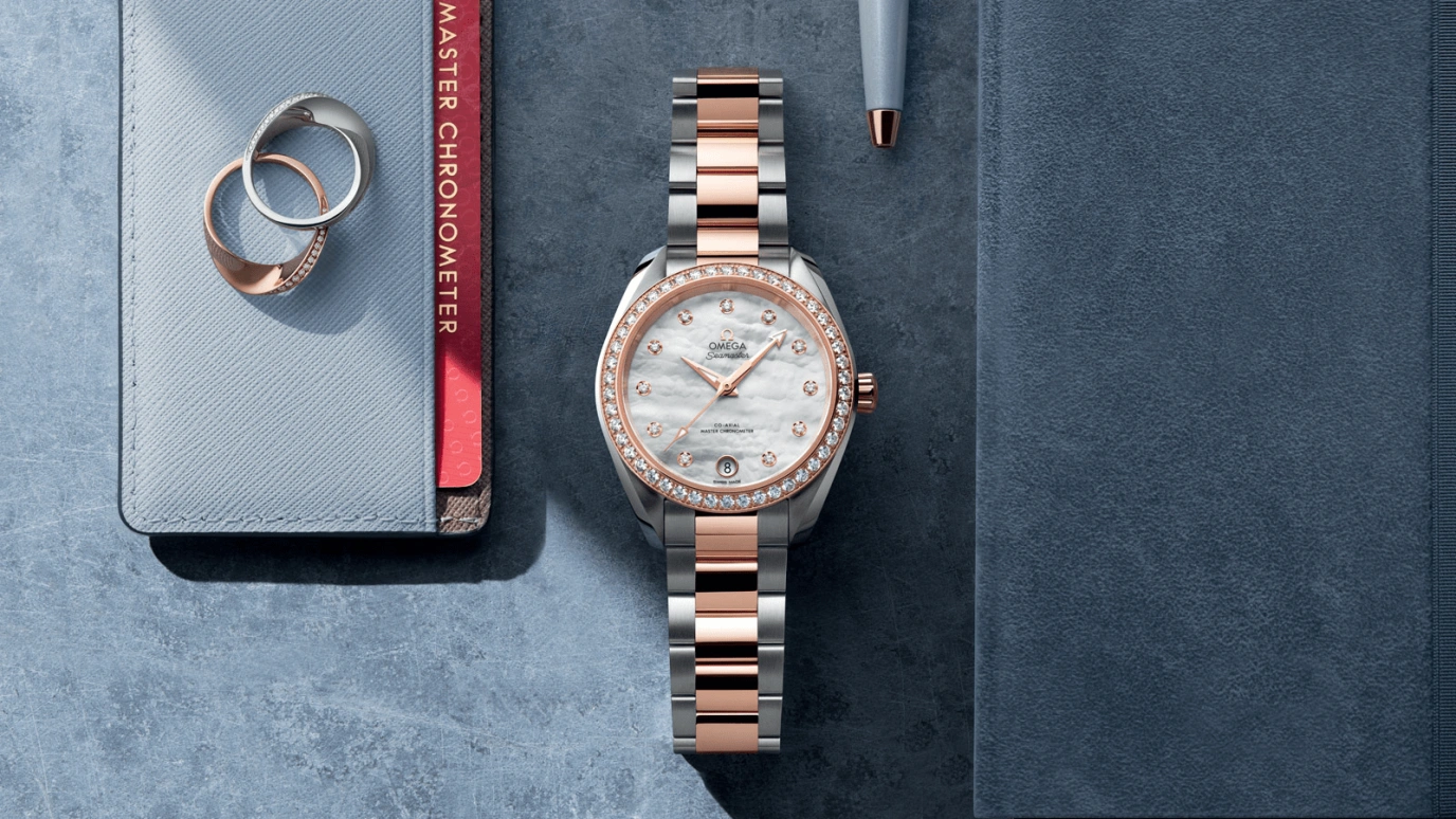 Omega,Aqua Terra 34mm,34mm,Sedna Gold,Stainless Steel,White,Automatic,Date,Co-Axial Escapement,220,220.25.34.20.55.001