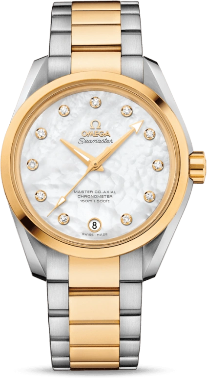 Omega,Aqua Terra 38.50mm,38.50mm,Yellow Gold,Stainless Steel,White,Automatic,Date,Co-Axial Escapement,231,231.20.39.21.55.004
