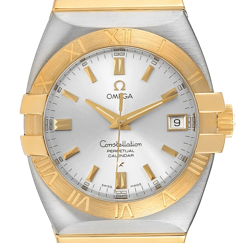 Omega,Constellation 38mm,38mm,Stainless Steel,Yellow Gold,Silver,Quartz,Perpetual Calendar,Day,1213,1213.30.00