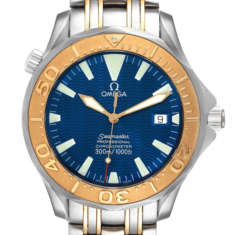 Omega,Seamaster Diver 300M 41mm,41mm,Yellow Gold,Stainless Steel,Blue,Automatic,Day,44hours,2455,2455.80.00