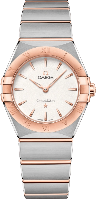 Omega,Constellation 28mm,28mm,Sedna Gold,Stainless Steel,White,Quartz,In-house Caliber,Sapphire,Crystal Glass,131,131.20.28.60.02.001
