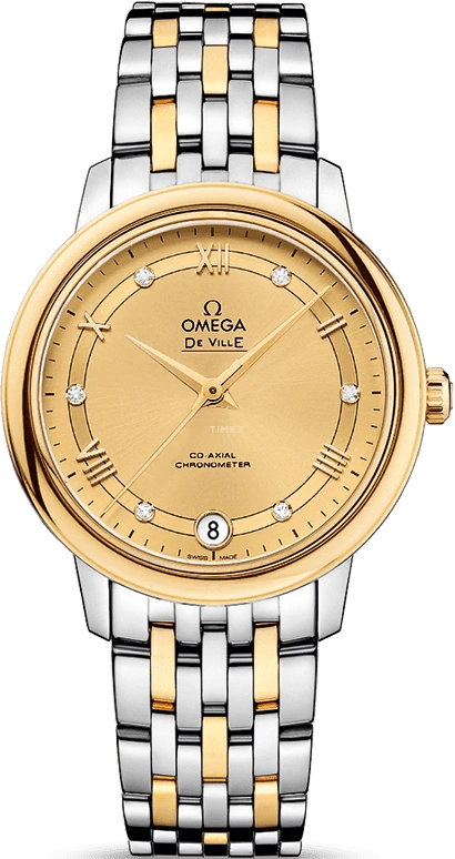Omega,De Ville 32.70mm,32.70mm,Yellow Gold,Stainless Steel,Champagne,Automatic,Date,Co-Axial Escapement,424,424.20.33.20.58.002