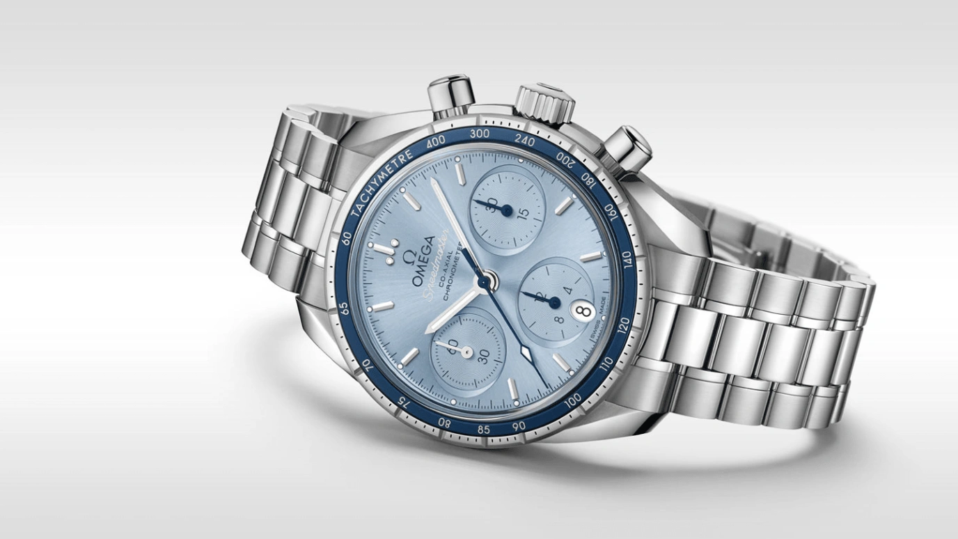 Omega,Speedmaster (Non-Moonwatch) 38mm,38mm,Stainless Steel,Blue,Automatic,Chronograph,Date,Co-Axial Escapement,Column Wheel,52hours,In-house Caliber,324,324.30.38.50.03.001