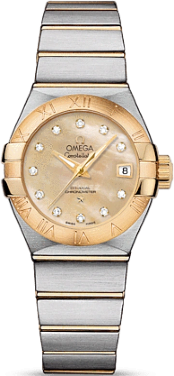 Omega,Constellation 27mm,27mm,Yellow Gold,Stainless Steel,Champagne,Automatic,Date,Zodiac Indications,Co-Axial Escapement,123,123.20.27.20.57.002