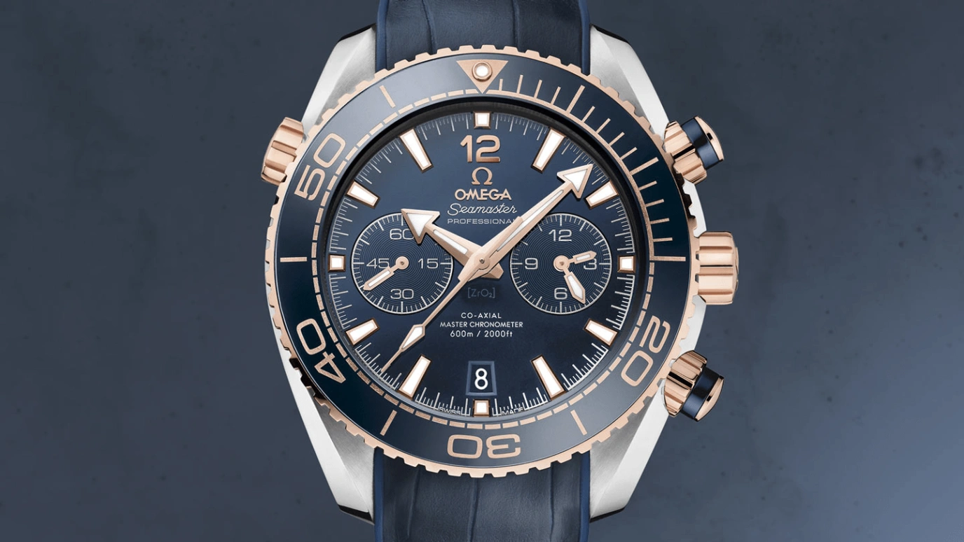 Omega,Seamaster Planet Ocean 45.50mm,45.50mm,Sedna Gold,Stainless Steel,Blue,Automatic,Chronograph,Date,Co-Axial Escapement,Column Wheel,60hours,In-house Caliber,215,215.23.46.51.03.001