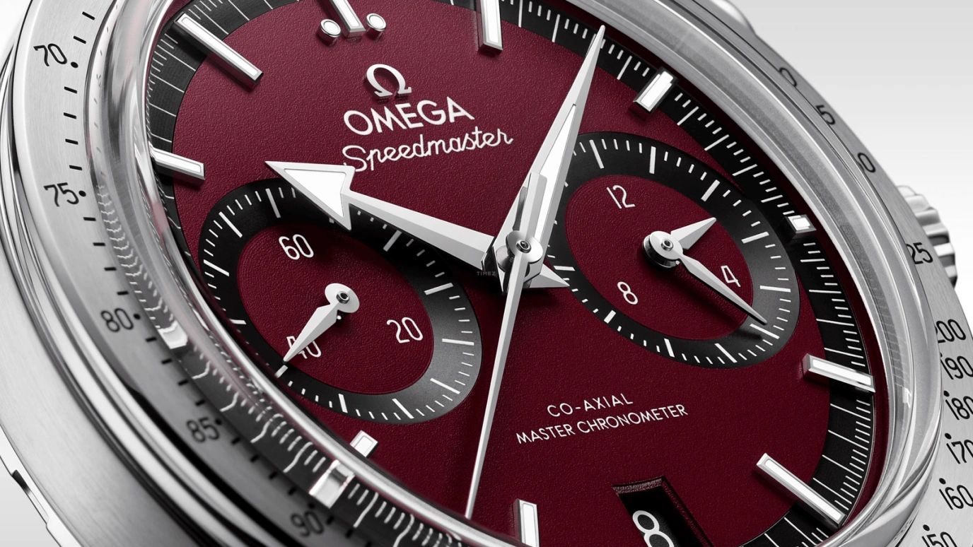 Omega,Speedmaster (Non-Moonwatch) 40.50mm,40.50mm,Stainless Steel,Red,Handwound,Chronograph,Date,Co-Axial Escapement,Column Wheel,60hours,In-house Caliber,332,332.12.41.51.11.001
