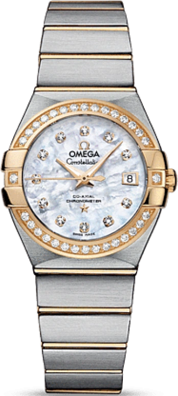Omega,Constellation 27mm,27mm,Yellow Gold,Stainless Steel,White,Automatic,Date,Zodiac Indications,Co-Axial Escapement,123,123.25.27.20.55.003