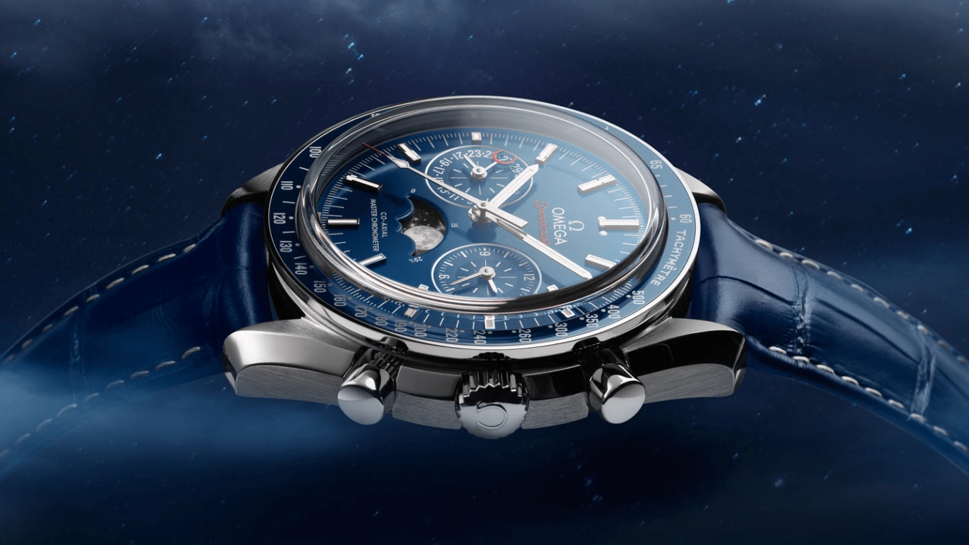 Omega,Speedmaster Moonwatch 44.25mm,44.25mm,Ceramic,Stainless Steel,Blue,Automatic,Chronograph,Moonphase,Day,304,304.33.44.52.03.001
