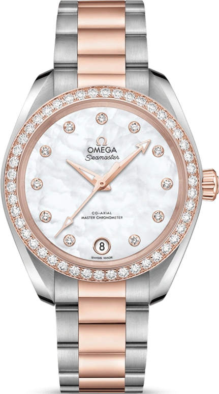 Omega,Aqua Terra 34mm,34mm,Sedna Gold,Stainless Steel,White,Automatic,Date,Co-Axial Escapement,220,220.25.34.20.55.001