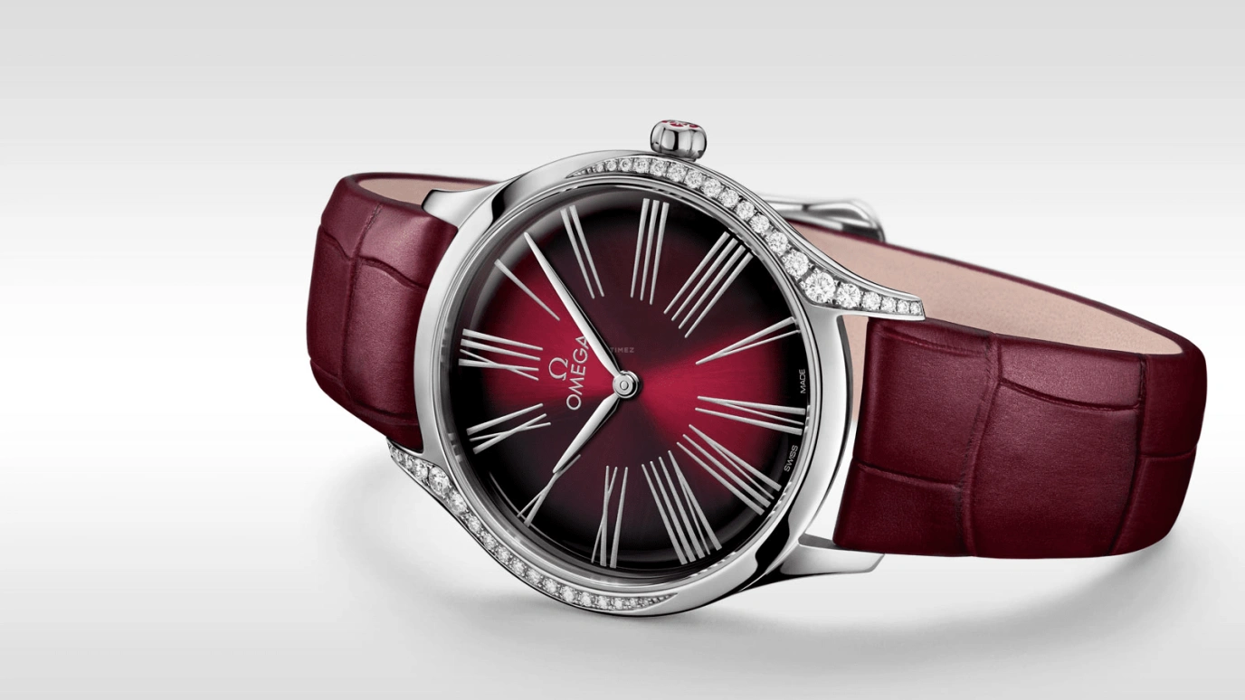 Omega,Trésor 36mm,36mm,Stainless Steel,Red,Quartz,Day,Zodiac Indications,428,428.18.36.60.11.001