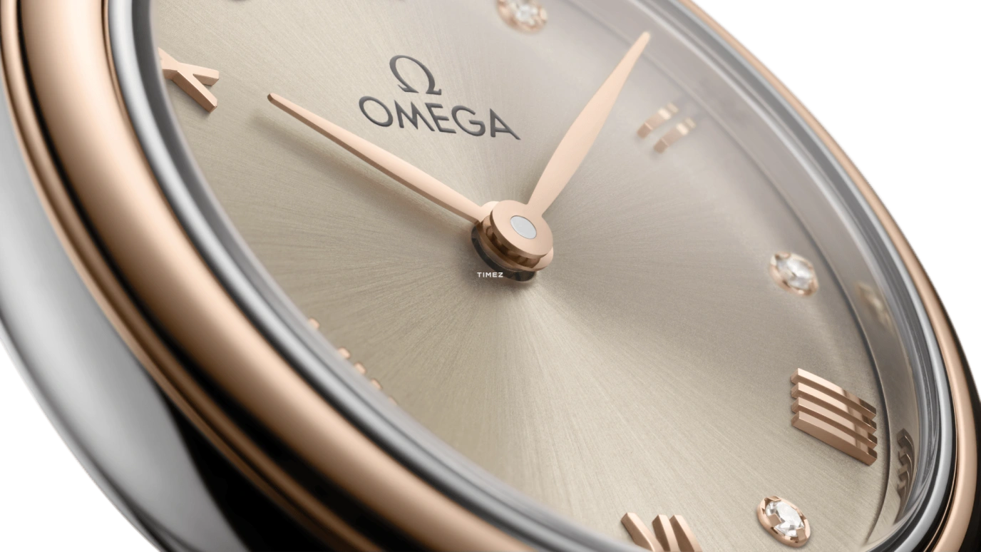 Omega,De Ville 27.50mm,27.50mm,Stainless Steel,Sedna Gold,Beige,Quartz,In-house Caliber,Sapphire,434,434.23.28.60.59.001