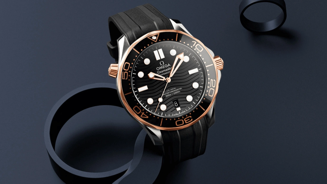 Omega,Seamaster Diver 300M 42mm,42mm,Ceramic,Sedna Gold,Stainless Steel,Black,Automatic,Day,Co-Axial Escapement,210,210.22.42.20.01.002