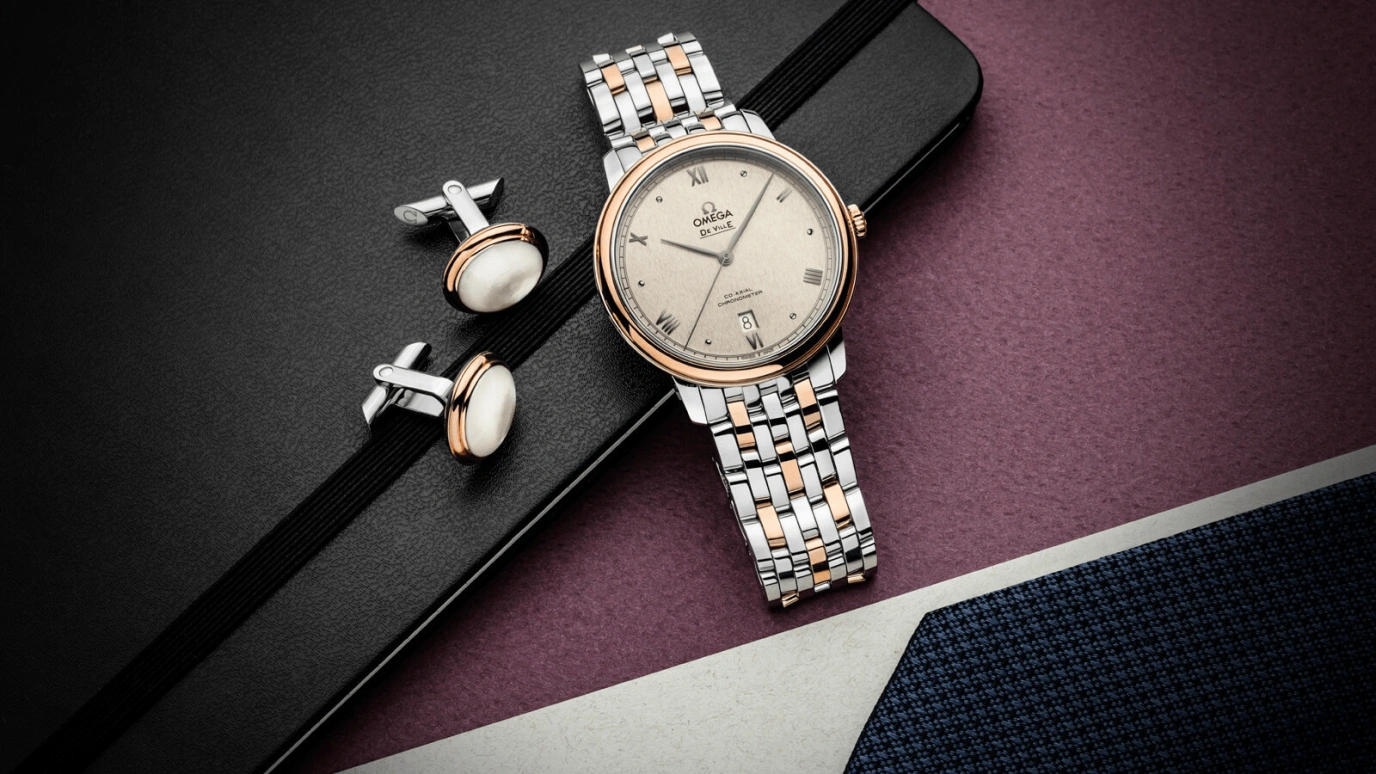 Omega,De Ville 39.50mm,39.50mm,Red Gold,Stainless Steel,Pink,Automatic,Date,Co-Axial Escapement,424,424.20.40.20.09.001
