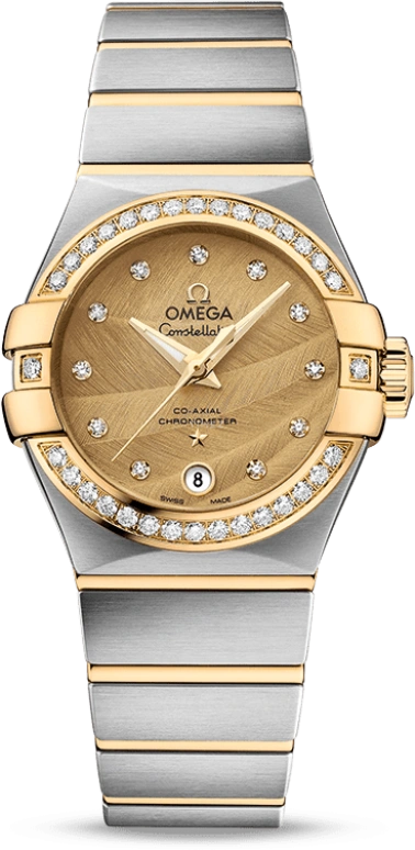 Omega,Constellation 27mm,27mm,Yellow Gold,Stainless Steel,Champagne,Automatic,Date,Zodiac Indications,Co-Axial Escapement,123,123.25.27.20.58.002
