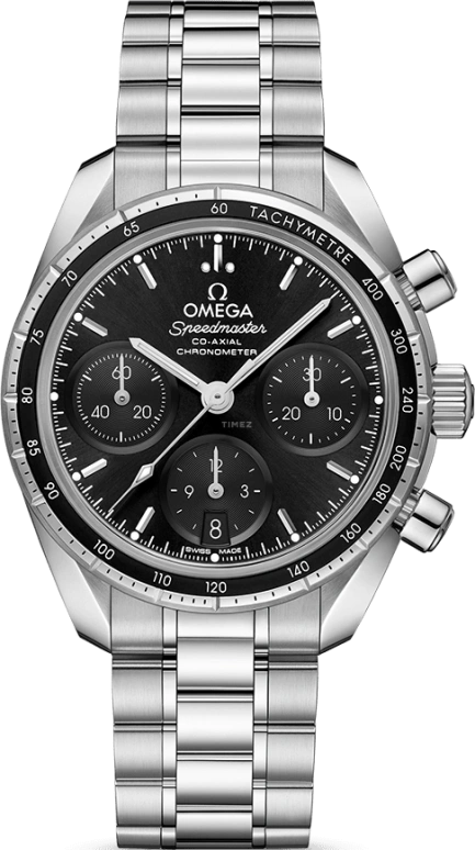 Omega,Speedmaster (Non-Moonwatch) 38mm,38mm,Stainless Steel,Black,Automatic,Chronograph,Date,Co-Axial Escapement,Column Wheel,52hours,In-house Caliber,324,324.30.38.50.01.001