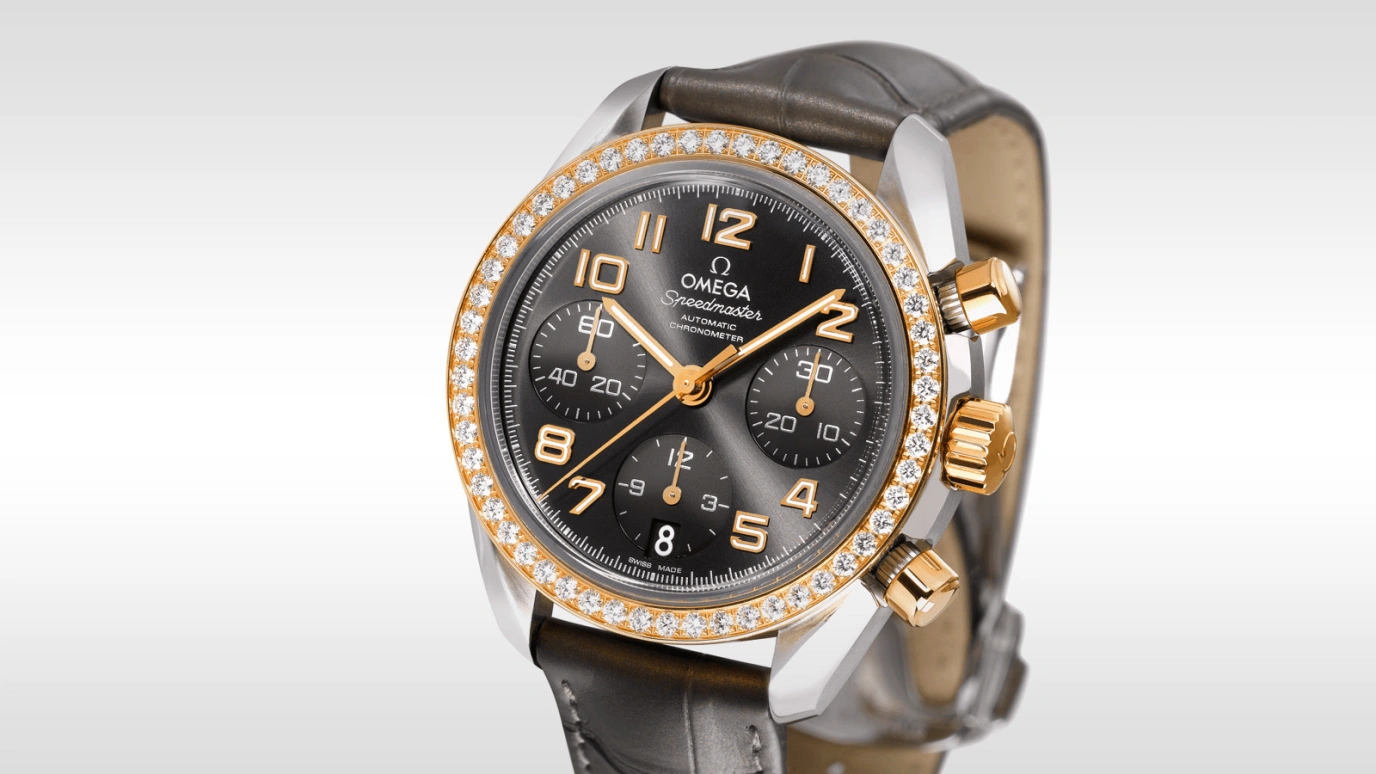 Omega,Speedmaster (Non-Moonwatch) 38mm,38mm,Red Gold,Stainless Steel,Grey,Automatic,Chronograph,Date,324,324.28.38.40.06.001