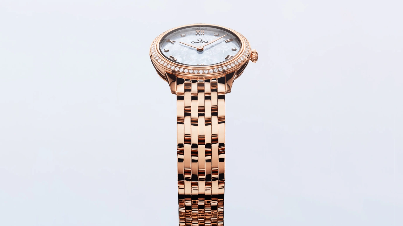 Omega,De Ville 27.50mm,27.50mm,Sedna Gold,White,Quartz,In-house Caliber,Sapphire,434,434.55.28.60.55.001