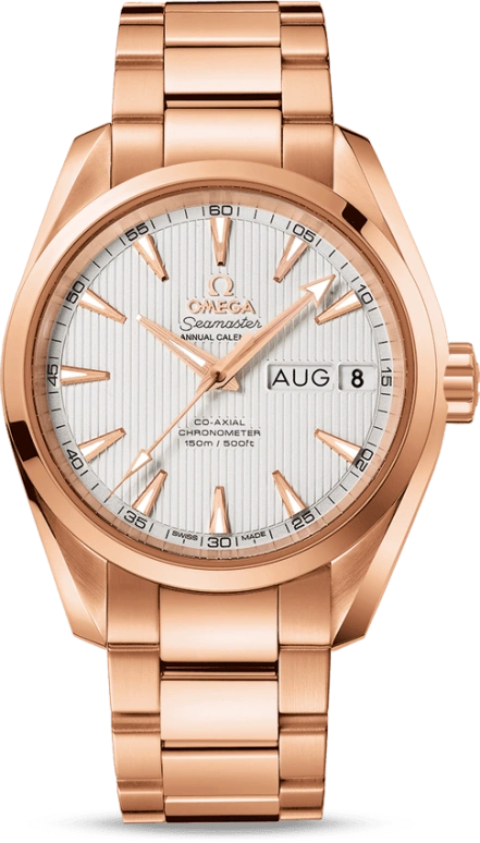 Omega,Aqua Terra 38.50mm,38.50mm,Red Gold,Silver,Automatic,Annual Calendar,Month,Date,Co-Axial Escapement,60hours,In-house Caliber,231,231.50.39.22.02.001