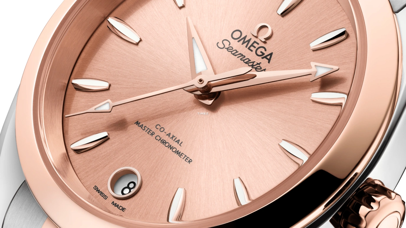 Omega,Aqua Terra 34mm,34mm,Stainless Steel,Sedna Gold,Rose Gold,Automatic,Day,Anti-magnetic,220,220.20.34.20.10.001