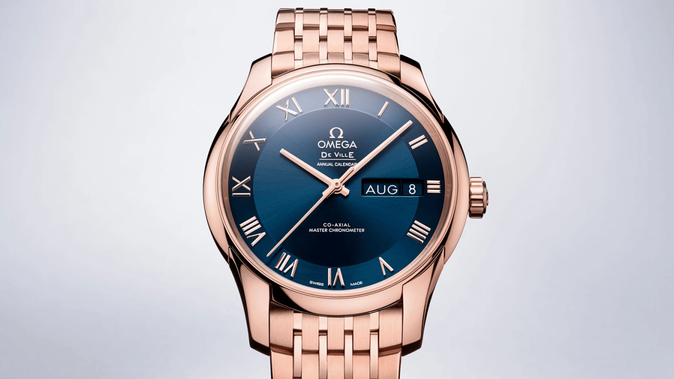 Omega,De Ville 41mm,41mm,Sedna Gold,Blue,Automatic,Annual Calendar,Month,Date,Co-Axial Escapement,60hours,In-house Caliber,433,433.50.41.22.03.001