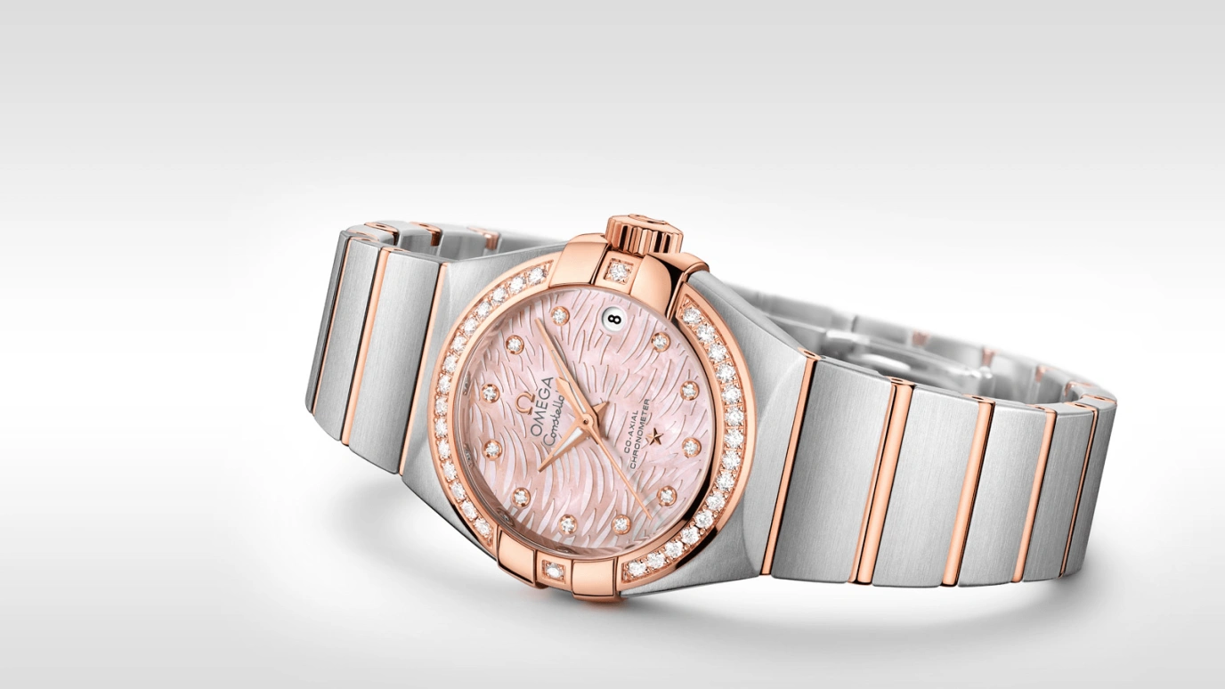 Omega,Constellation 27mm,27mm,Red Gold,Stainless Steel,Pink,Automatic,Date,Zodiac Indications,Co-Axial Escapement,123,123.25.27.20.57.004