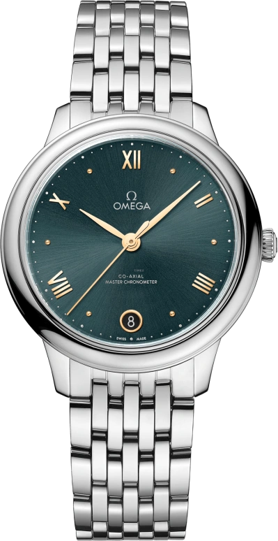Omega,De Ville 34mm,34mm,Stainless Steel,Turquoise,Yellow,Green,Automatic,55hours,In-house Caliber,434,434.10.34.20.10.001