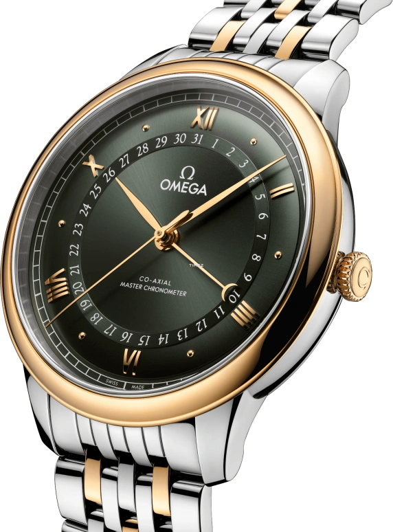 Omega,De Ville 42mm,42mm,Stainless Steel,Yellow Gold,Green,Automatic,Day,Anti-magnetic,434,434.20.42.22.10.001