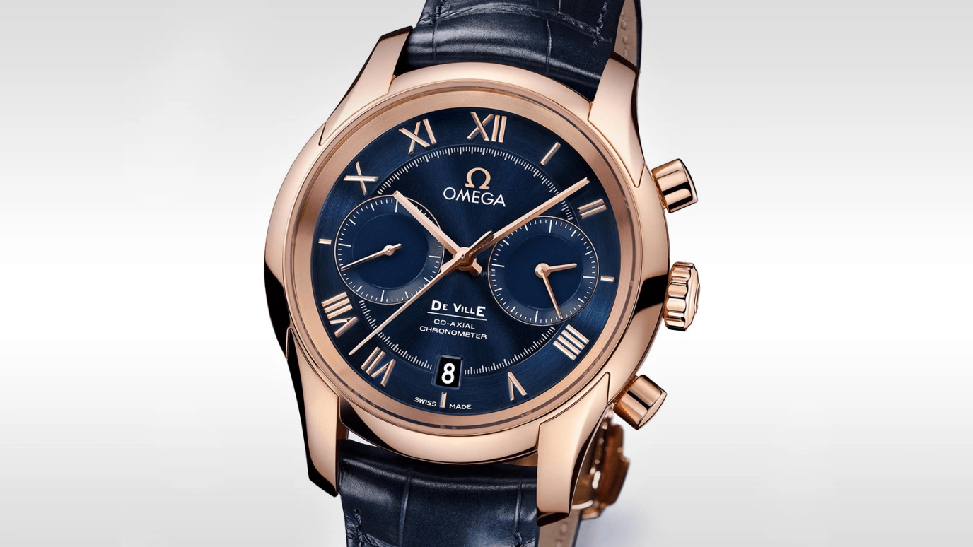 Omega,De Ville 42mm,42mm,Red Gold,Blue,Automatic,Chronograph,Date,Co-Axial Escapement,Column Wheel,60hours,In-house Caliber,431,431.53.42.51.03.001