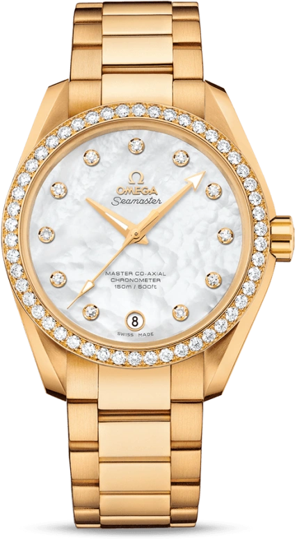 Omega,Aqua Terra 38.50mm,38.50mm,Yellow Gold,White,Automatic,Date,Co-Axial Escapement,231,231.55.39.21.55.002