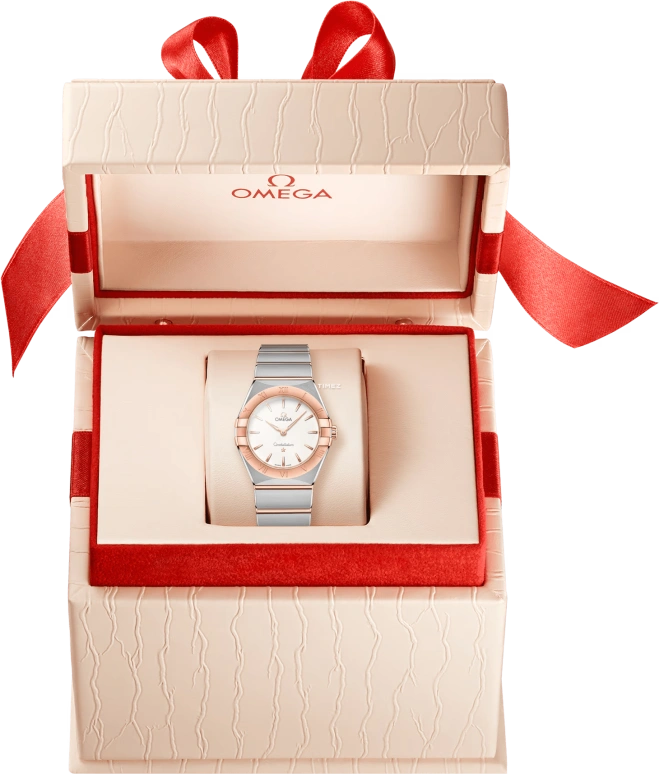 Omega,Constellation 28mm,28mm,Sedna Gold,Stainless Steel,White,Quartz,In-house Caliber,Sapphire,Crystal Glass,131,131.20.28.60.02.001