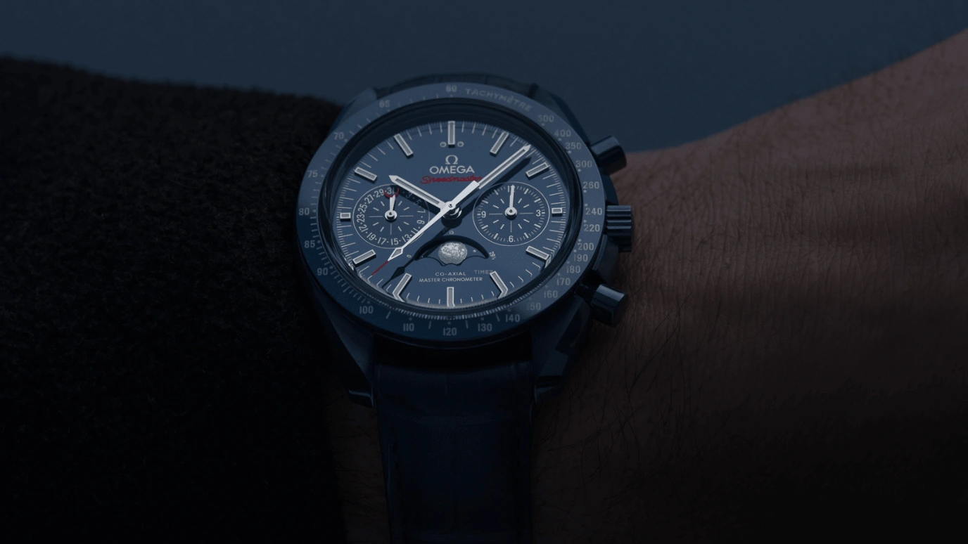 Omega,Speedmaster (Non-Moonwatch) 44.25mm,44.25mm,Ceramic,Blue,Automatic,Chronograph,Moonphase,Date,Co-Axial Escapement,60hours,In-house Caliber,304,304.93.44.52.03.001
