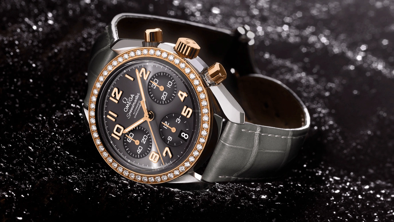 Omega,Speedmaster (Non-Moonwatch) 38mm,38mm,Red Gold,Stainless Steel,Grey,Automatic,Chronograph,Date,324,324.28.38.40.06.001