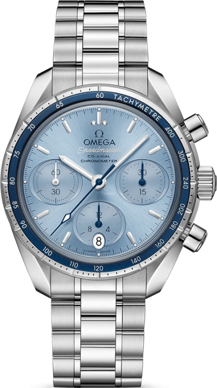 Omega,Speedmaster (Non-Moonwatch) 38mm,38mm,Stainless Steel,Blue,Automatic,Chronograph,Date,Co-Axial Escapement,Column Wheel,52hours,In-house Caliber,324,324.30.38.50.03.001