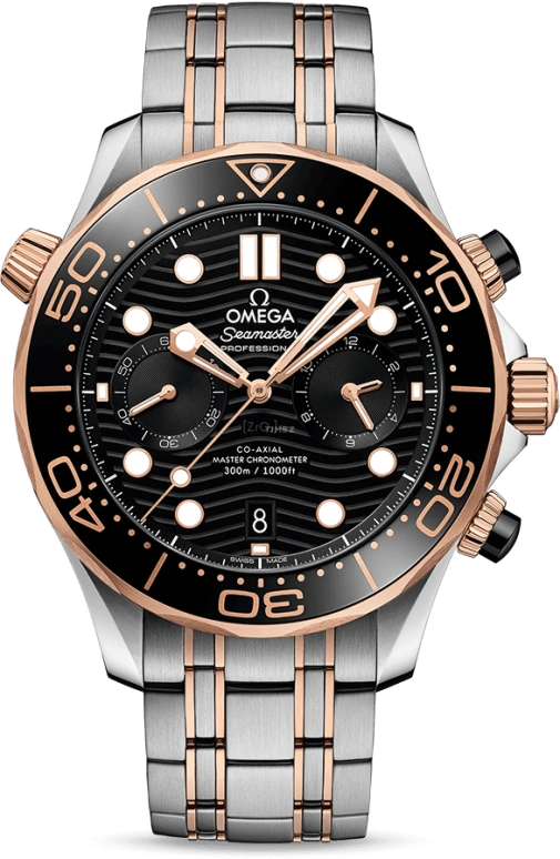 Omega,Seamaster Diver 300M 44mm,44mm,Sedna Gold,Stainless Steel,Black,Automatic,Chronograph,Date,Co-Axial Escapement,Column Wheel,60hours,In-house Caliber,210,210.20.44.51.01.001
