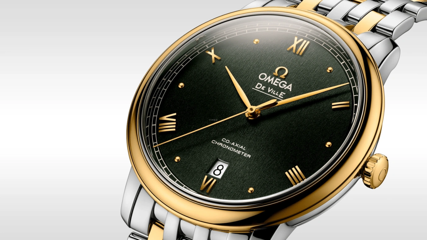 Omega,De Ville 39.50mm,39.50mm,Yellow Gold,Stainless Steel,Green,Automatic,Date,Co-Axial Escapement,424,424.20.40.20.10.001